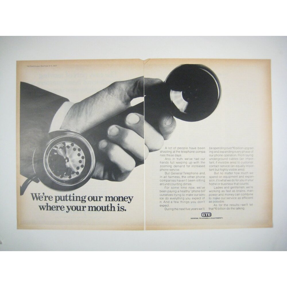 Vintage 1970s GTE General Telephone Ad Money Where Your Mouth Is 2 Page READ